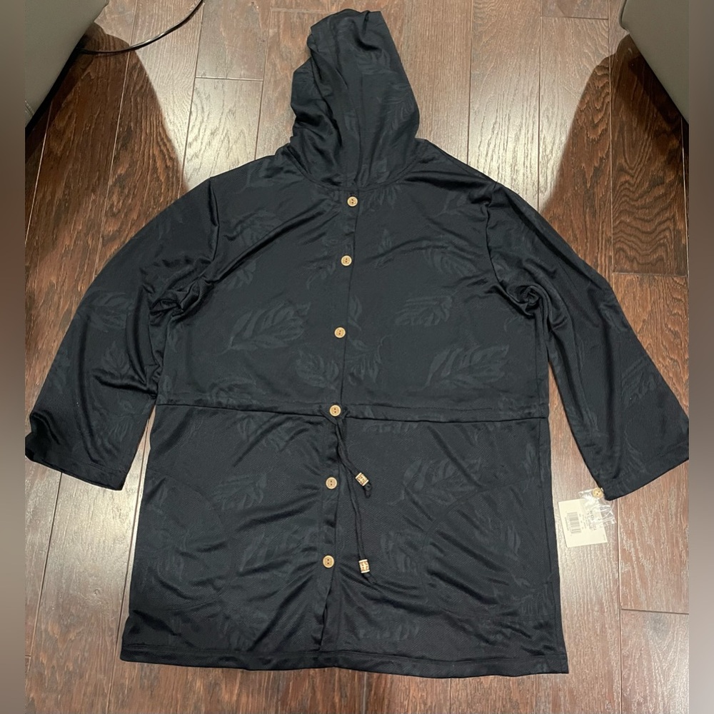 Sonoma Women Black Swim Cover Up Button Long Sleeve Woven Hooded Cinch Waist New